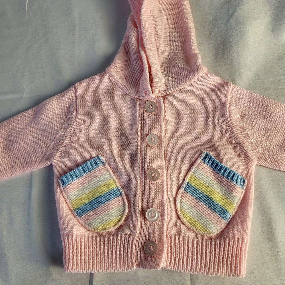 Vintage 6-9 Month Acrylic Pink  Striped Pockets Baby Cardigan Montgomery Ward